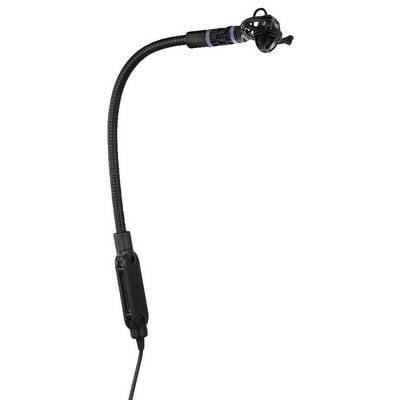 Een flexibele microfoon met zwanenhals, geschikt voor bevestiging aan instrumenten, toont bovenaan een klein, roostervorming microfoon.