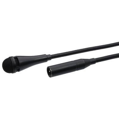 Een zwarte microfoon met kabel en XLR-aansluiting, geschikt voor podium- of studiodoeleinden.