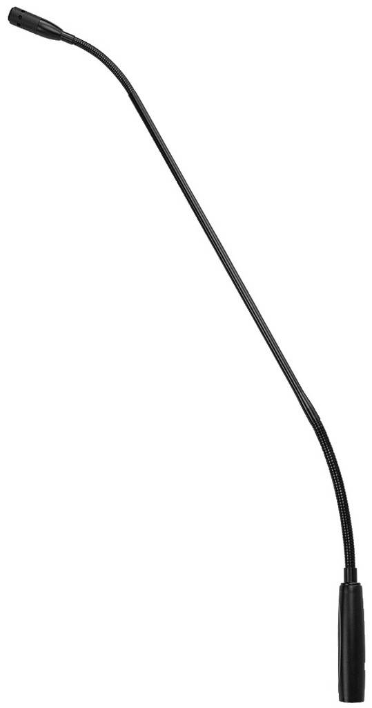 Een lang, flexibel zwanenhals-microfoon met een smal hoofd en een zwarte behuizing voor heldere audio-opnames.