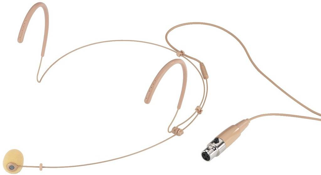 Huidkleurig headset-microfoon met oorhaak en XLR-aansluiting, geschikt voor presentaties of podiumoptredens.