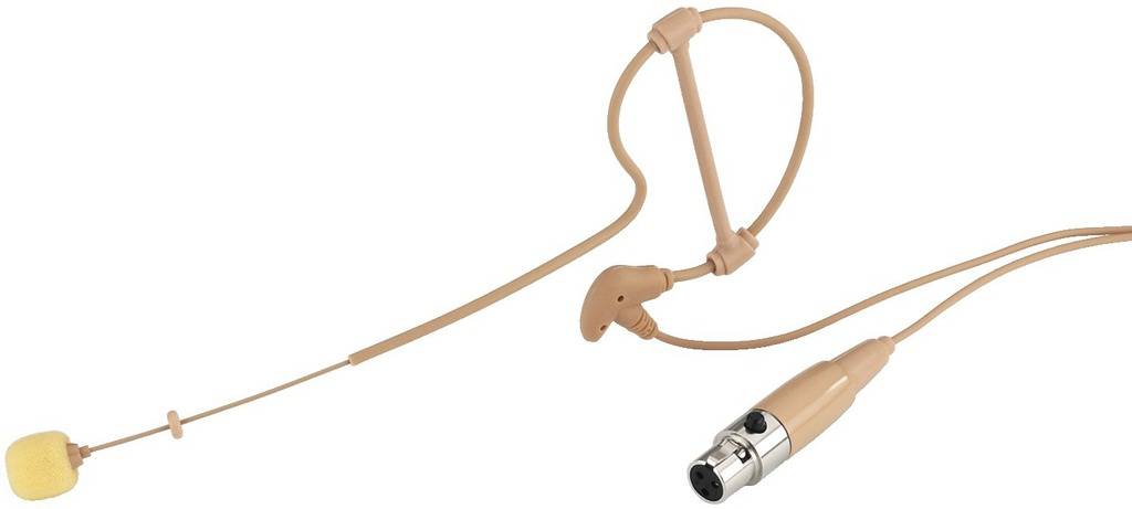 Een huidkleurige headset-microfoon met flexibele arm en aansluitkabel, geschikt voor handsfree spraak- of zangoptredens.