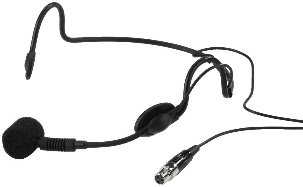 Een zwarte headset-microfoon met een afneembare kabel en oorbeugel. Ideaal voor presentaties of evenementen.