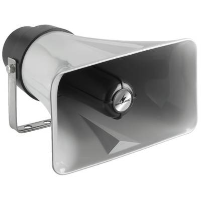 Grijze luidspreker met rechthoekige opening en bevestigingsbeugel. Geschikt voor buiteninstallaties of evenementen.