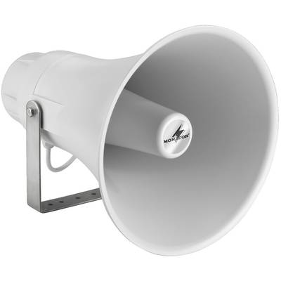 Witte hoornluidsprekers met metalen bevestiging, geschikt voor openbare aankondigingen of alarmsystemen.