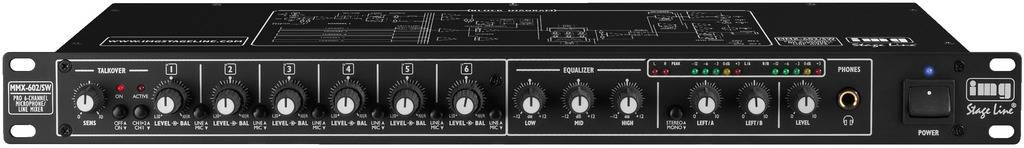 Stereo buizenparametrische equalizer met meerdere regelaars, aan/uit-schakelaar, LED-indicatoren en aansluitbussen aan de voorzijde.