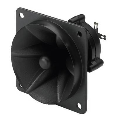 Een zwarte luidspreker met een kegelvormige hoorn en een vierkante bevestiging met vier gaten, geschikt voor audio-toepassingen.