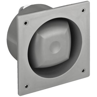 Grijze vierkante ventilatieopening met verdiept midden en vier schroefgaten in de hoeken.