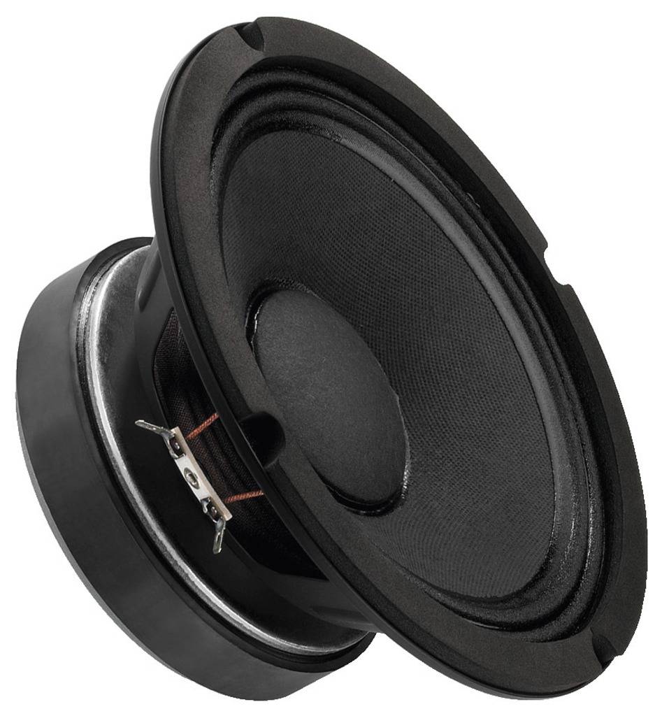 Zwarte luidspreker met metalen frame, zijaanzicht. Geschikt voor inbouw in audioapparatuur voor geluidsversterking.