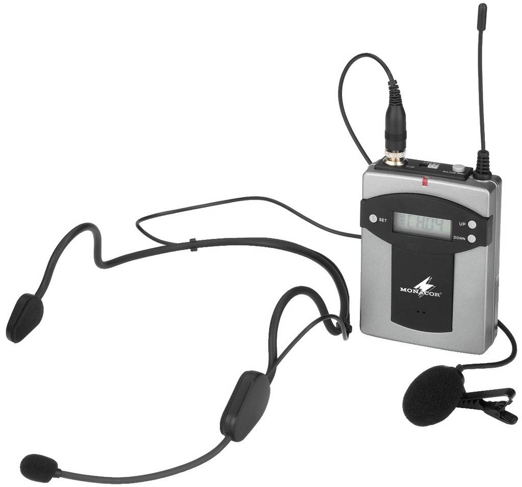 Compact draadloos microfoonset met headset-microfoon en zakzender, geschikt voor presentaties en podiumoptredens.