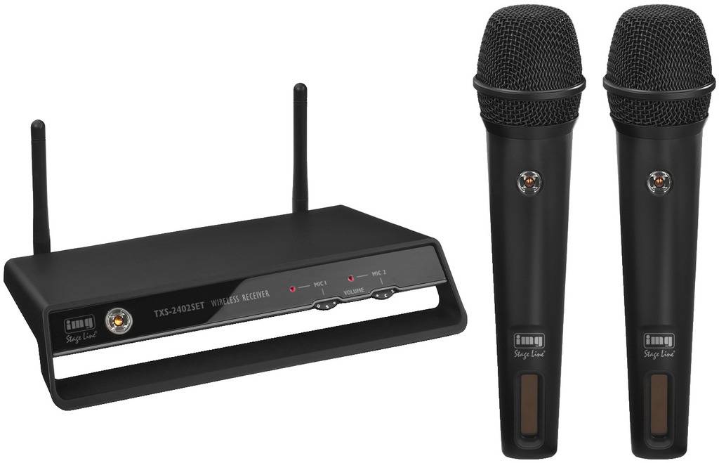 Twee draadloze microfoons en een ontvanger. Microfoons zijn ideaal voor podiumoptredens. Ontvanger met twee antennes voor een betere ontvangst.