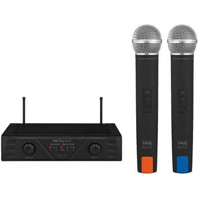 Twee draadloze microfoons en een ontvanger voor audio-overdracht. Ideaal voor podiumoptredens en evenementen.