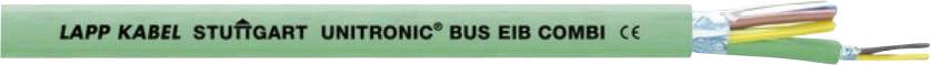 Groen multicore kabel met opschrift 'LAPP KABEL STUTTGART UNITRONIC® BUS EIB COMBI CE', toont meerdere gekleurde draden aan één uiteinde.