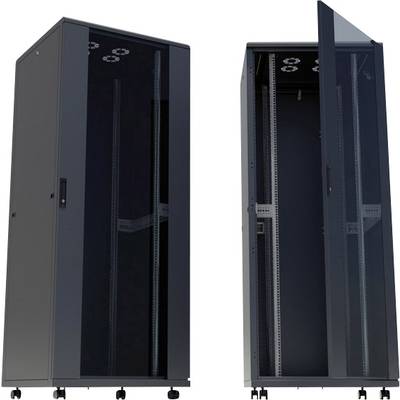 Twee zwarte, rechtopstaande serverkasten met glazen deuren, waarvan één open en één gesloten, op wielen, geschikt voor IT-apparatuur.