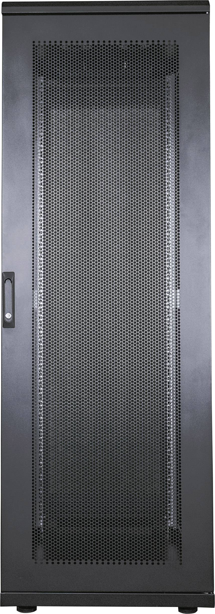 Een zwarte serverbehuizing met geperforeerde deur en zijdelingse handgreep, geschikt voor het opslaan van IT-apparatuur in een datacenter.