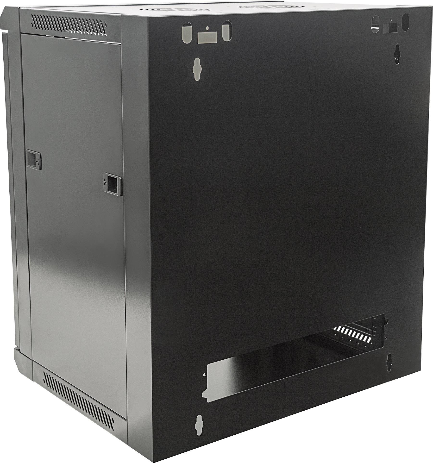 Zwart, wandgemonteerd netwerkbehuizing met ventilatiesleuven en kabelopeningen, geschikt voor servers of IT-apparatuur.