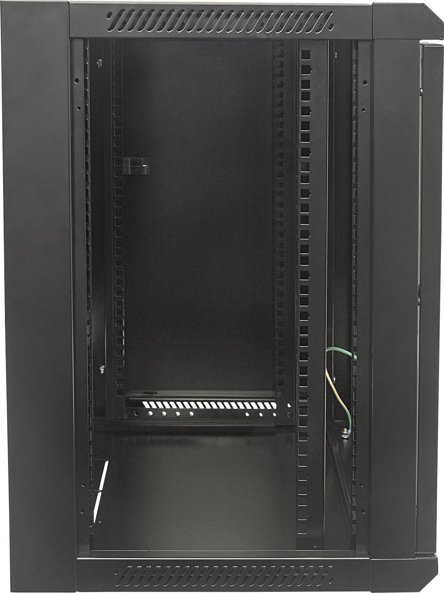 Lege zwarte netwerkbehuizing met zijdelingse ventilatiesleuven en kabelbeheer. Ideaal voor het plaatsen en organiseren van servers.