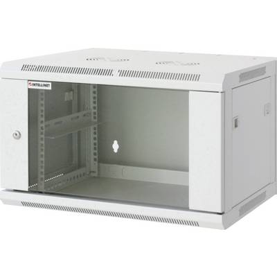 Een grijze, lege netwerk-wandkast met glazen deur, geschikt voor veilige opslag van IT-apparatuur en netwerkcomponenten.