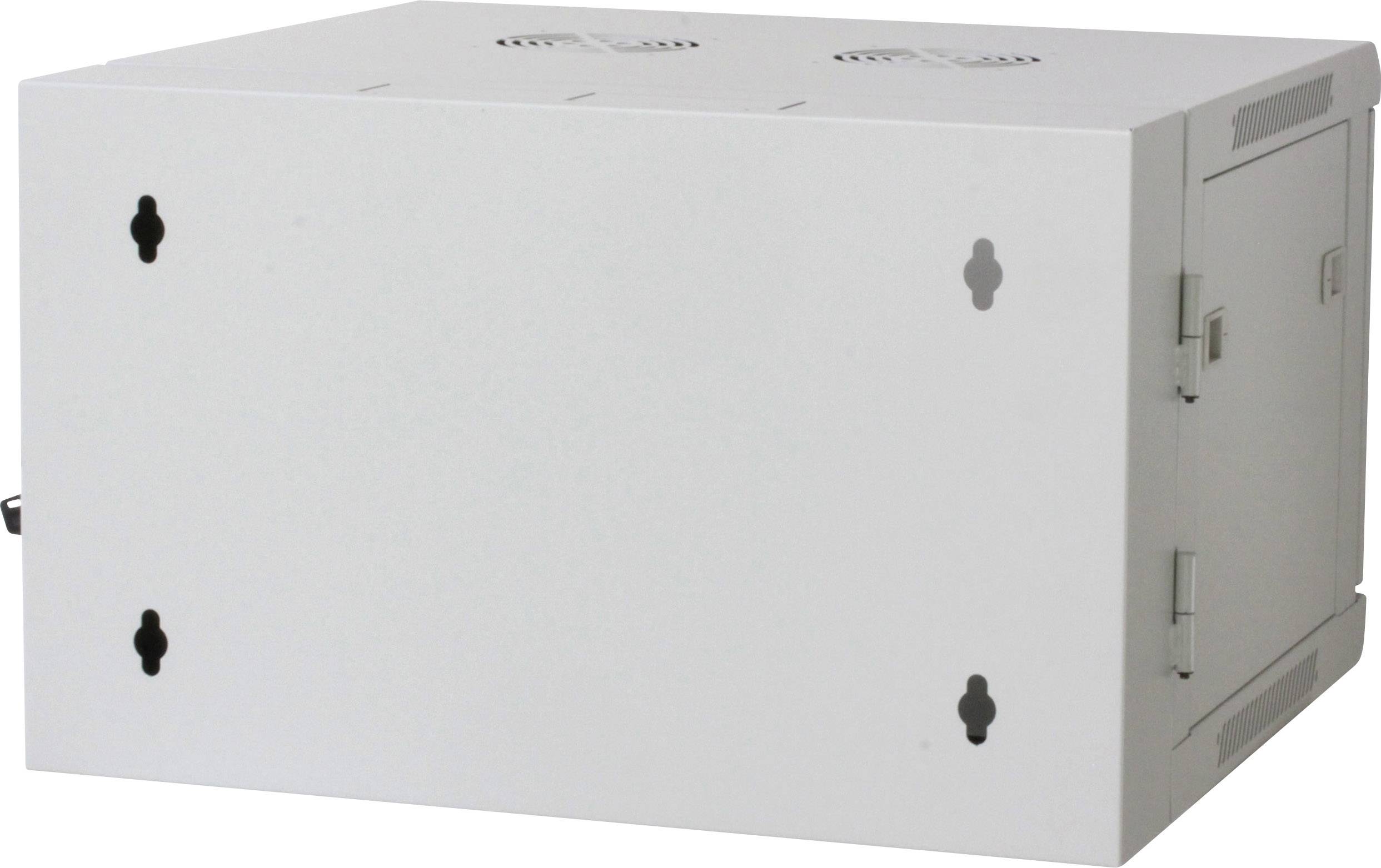 Een rechthoekige, witte wandkast met ventilatiesleuven en vergrendelingen, ontworpen voor technische apparatuur of kabelbeheer.
