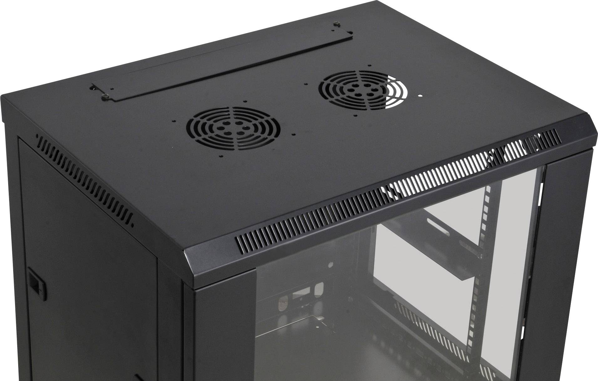 Zwart serverrek met glazen deur, twee ventilatoren bovenaan, geschikt voor IT-apparatuur.