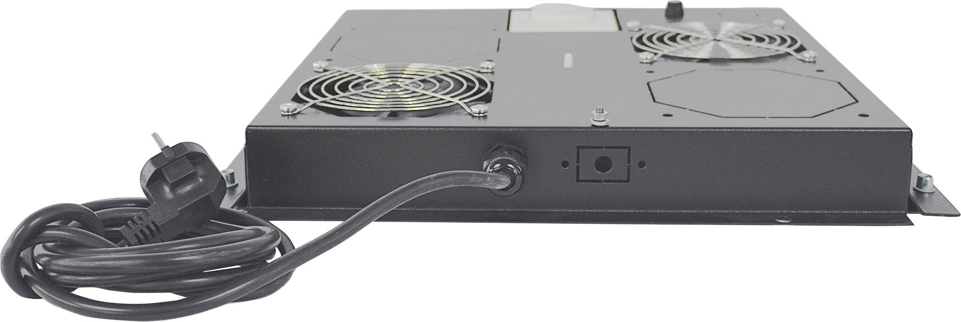 Een zwart, rechthoekig apparaat met twee ventilatoren en een stroomkabel. Het apparaat is plat en bedoeld voor technische toepassingen.