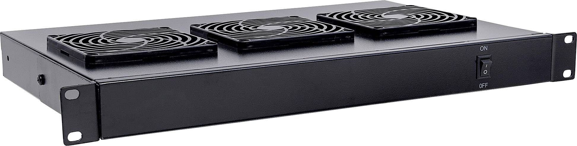 Zwarte rack-montage ventilatie-eenheid met drie ventilatoren en een aan/uit-schakelaar, bedoeld voor de koeling van elektronische apparatuur.
