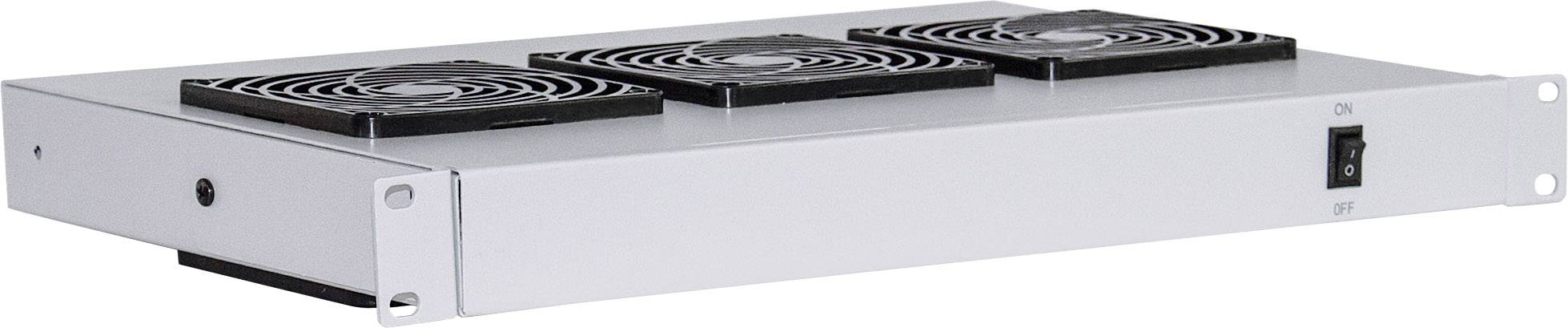 Koeltoestel met drie ventilatoren en een aan-/uitschakelaar aan de zijkant, geschikt voor montage in een serverrek.