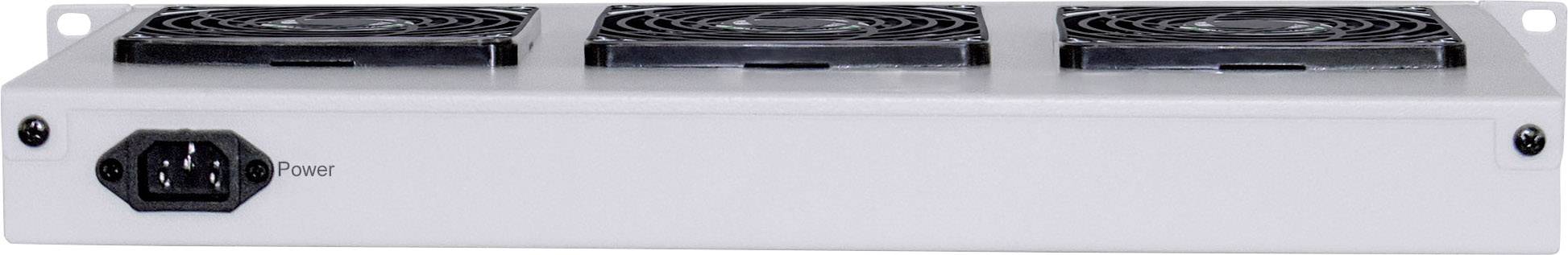 Een metalen rack-behuizing met drie ventilatoren aan de bovenkant en een stroomaansluiting aan de voorkant, geëtiketteerd met 'Power'.