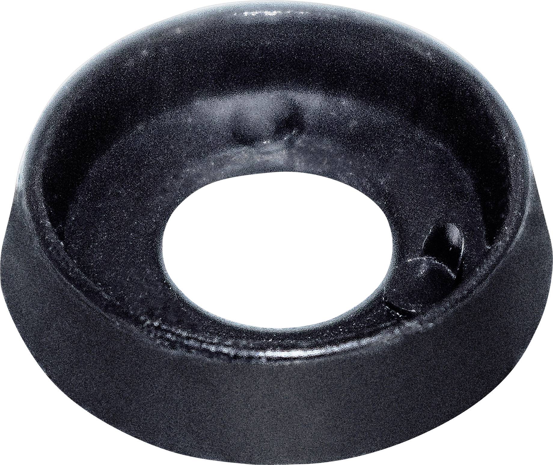 Zwarte, ronde metalen afdekking met een centraal gat en een kleinere zijopening; zou kunnen zijn een montageonderdeel.