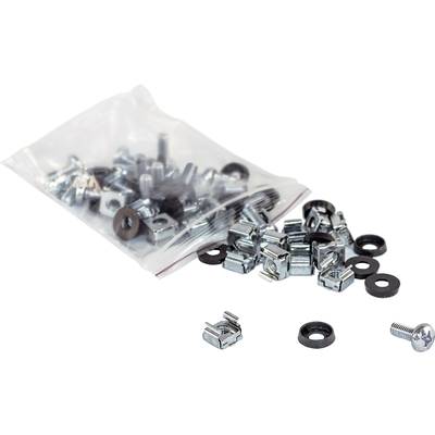 Een geopende plastic zak met verschillende bevestigingsmoeren, schroeven en kunststof sluitringen, verspreid op een wit oppervlak.