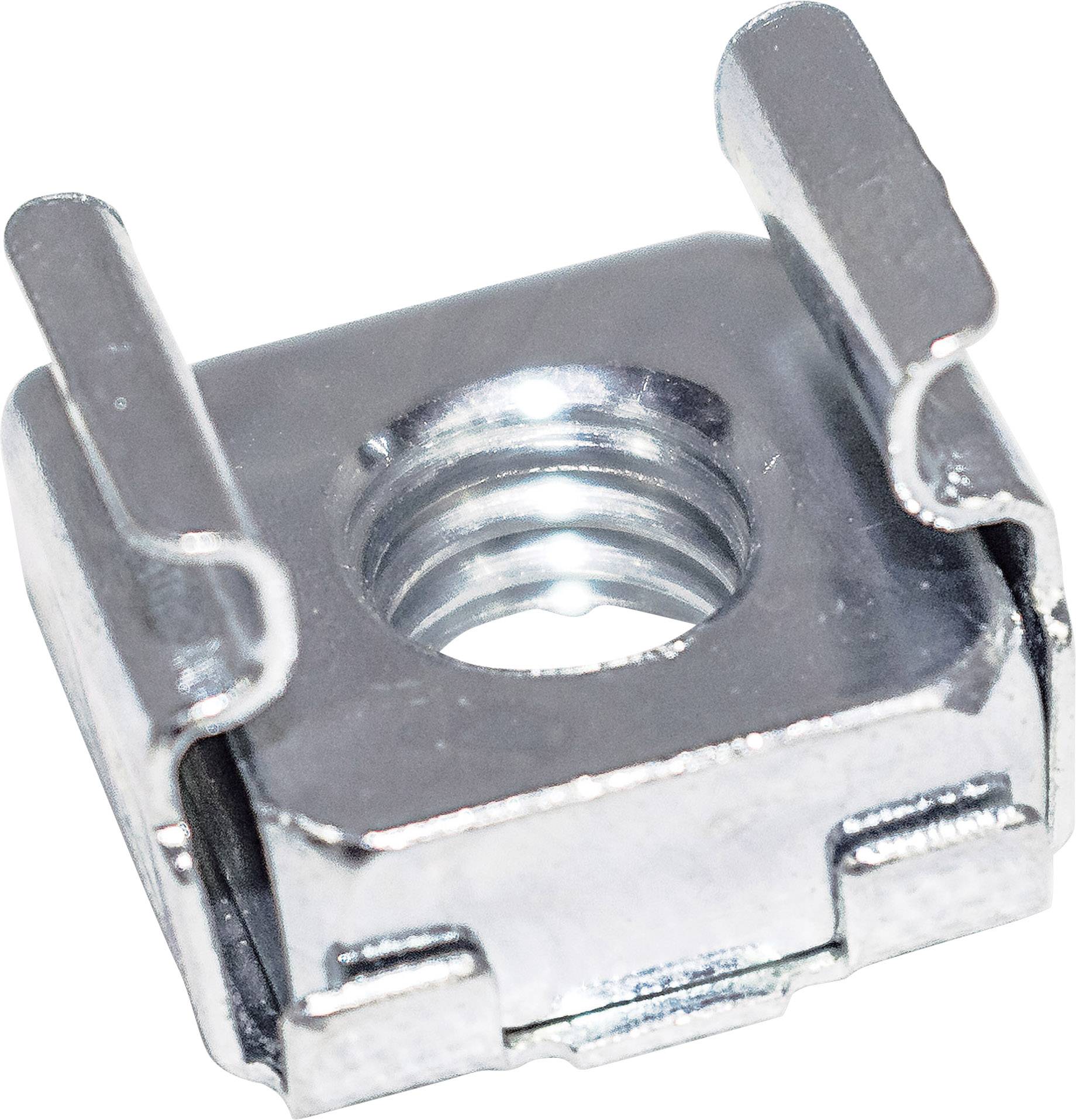 Metalen kooimoerclip met schroefdraad, voor montage in rechthoekige openingen. Gebruikt in serverrackrails.