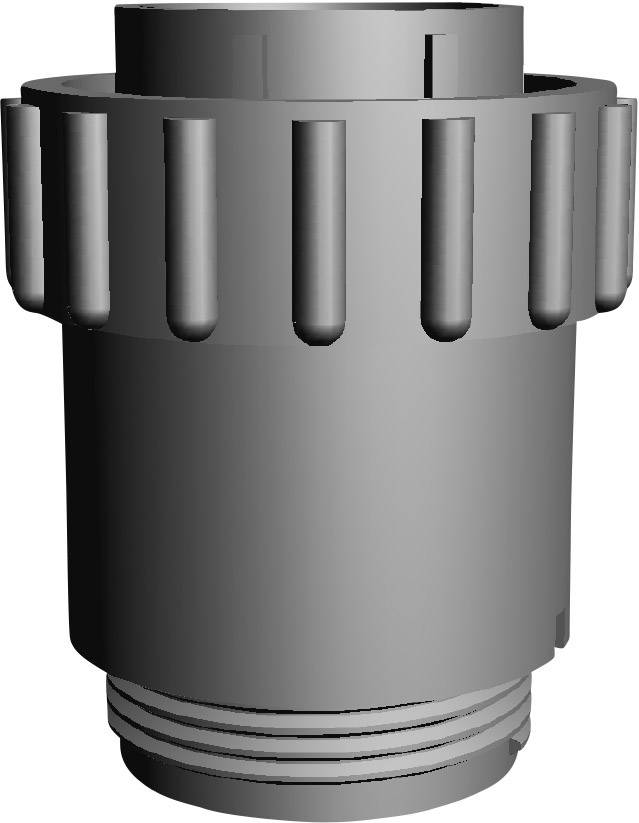 Een 3D-render van een grijs cilinderobject met verticale groeven aan de zijkant en schroefdraad aan de basis, vermoedelijk een machinebouwonderdeel.