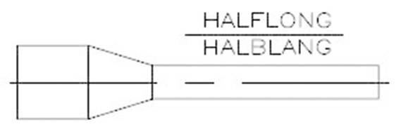 Technische tekening van een gereedschap met de aanduiding 'HALF LANG/HALBLANG'. Links een uitgebreid gedeelte, rechts een smaller gedeelte.