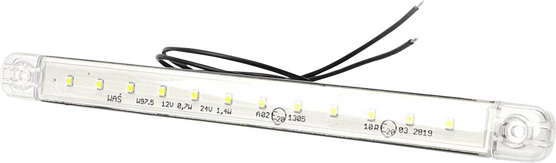 LED-lichtstrip met acht gele LED's en twee zwarte kabels voor elektrische aansluiting. Geschikt voor verlichtingstoepassingen.