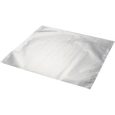 Heldere, rechthoekige aluminium folieblad tegen een witte achtergrond, met een geborduurd of bedrukt logo in het midden, voorstellende een lege zak of envelop.