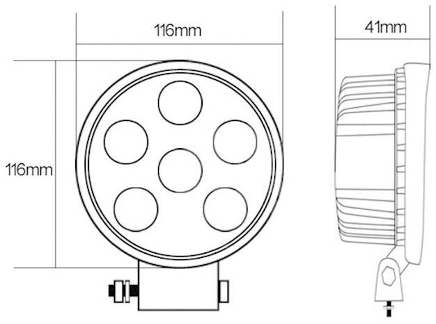 Technische tekening van een rond LED-licht met zes lampen. Afmetingen: 116 mm diameter, 41 mm diepte.