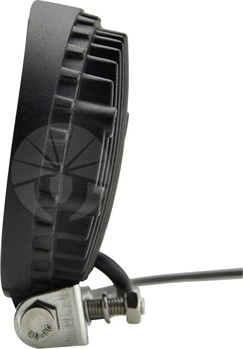 Zijaanzicht van een zwarte LED-werkverlichting met koelribben en kabel, gemonteerd op een metalen steun.