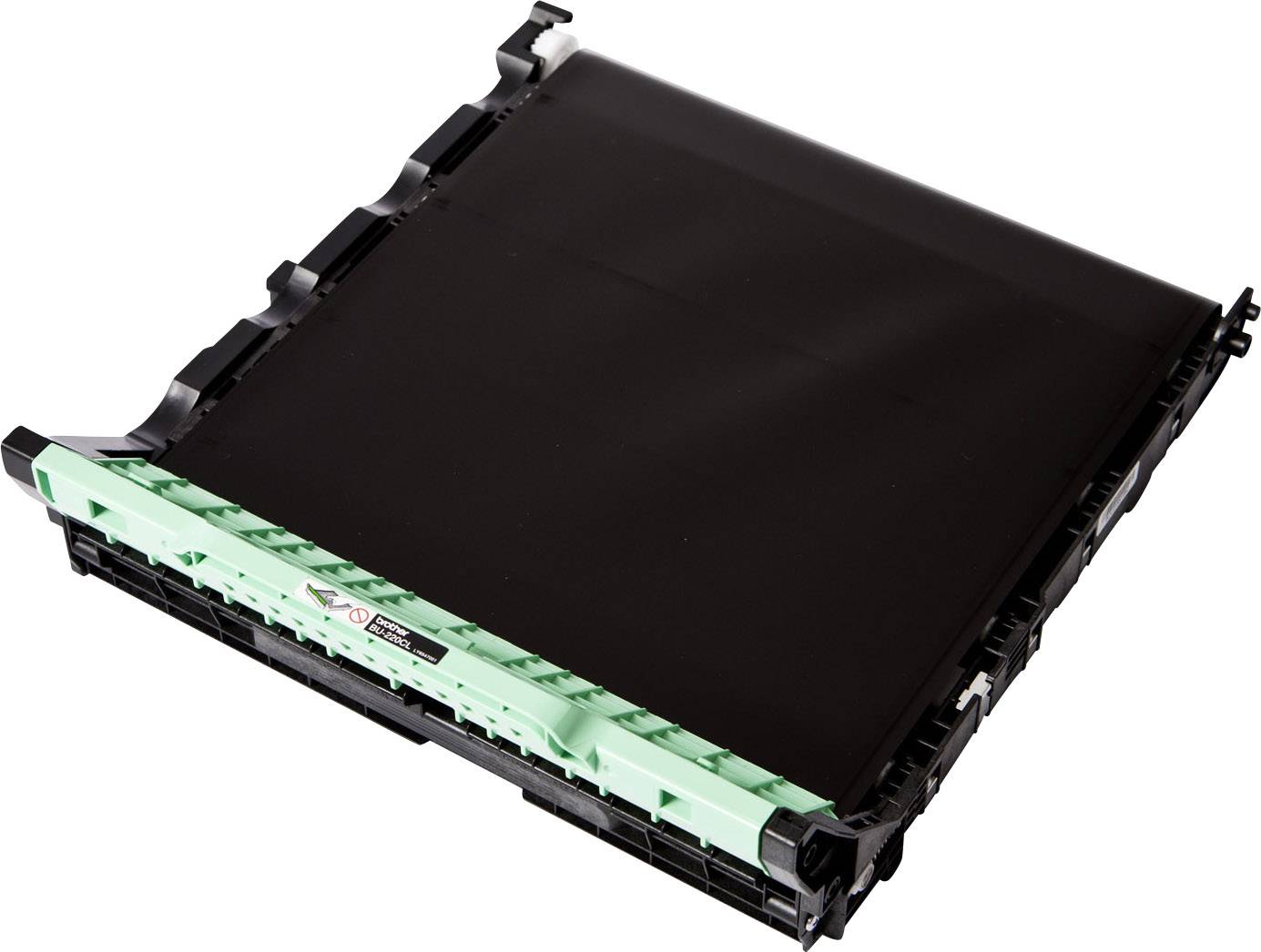 Een lasertonerpatroonmodule in een zwarte en groene behuizing. Het is een vervangingspatroon voor printers.