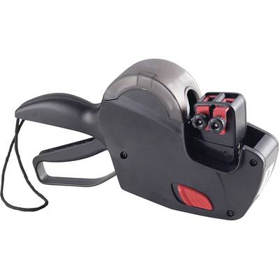 Een zwart labelapparaat met een ergonomische handgreep en rode details. Wordt gebruikt voor het aanbrengen van etiketten op producten.