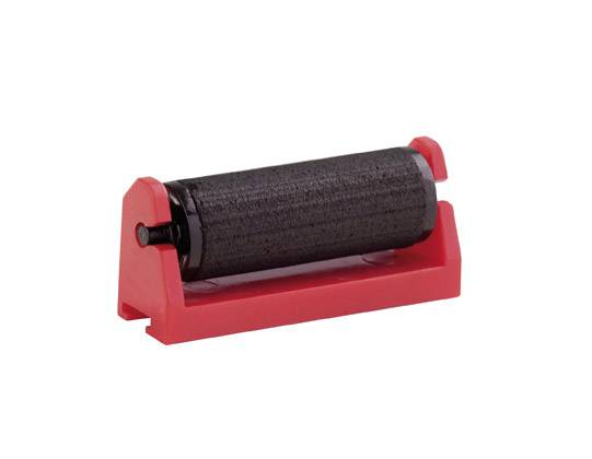 Rode kunststof behuizing met zwarte inktrol, vermoedelijk bedoeld voor gebruik in druktoestellen of labelapparatuur.