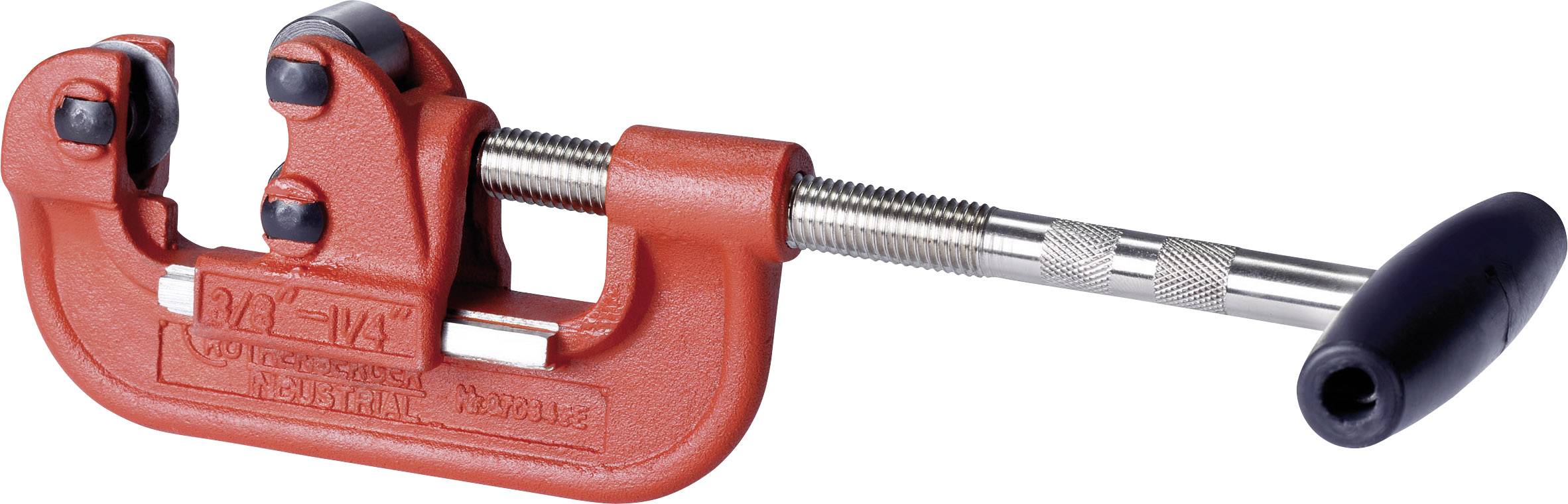 Buissnijder in rood met zwarte handgreep, geschikt voor het snijden van metalen buizen.