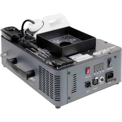 Rookmachine met verschillende knoppen, schakelaars en aansluitingen aan de achterkant, geschikt voor podiumeffecten.