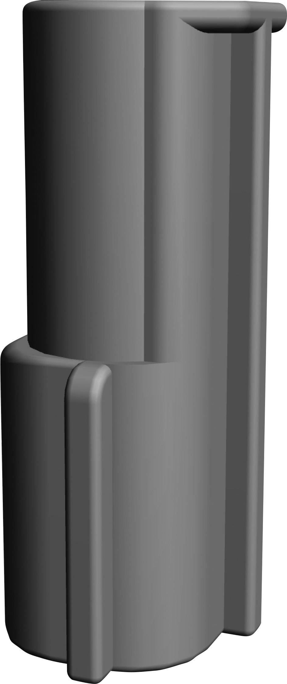 Een grijze, cilindrische kunststofcomponent met een ingekeepte details; mogelijk een onderdeel van een groter mechanisme of reservoir.