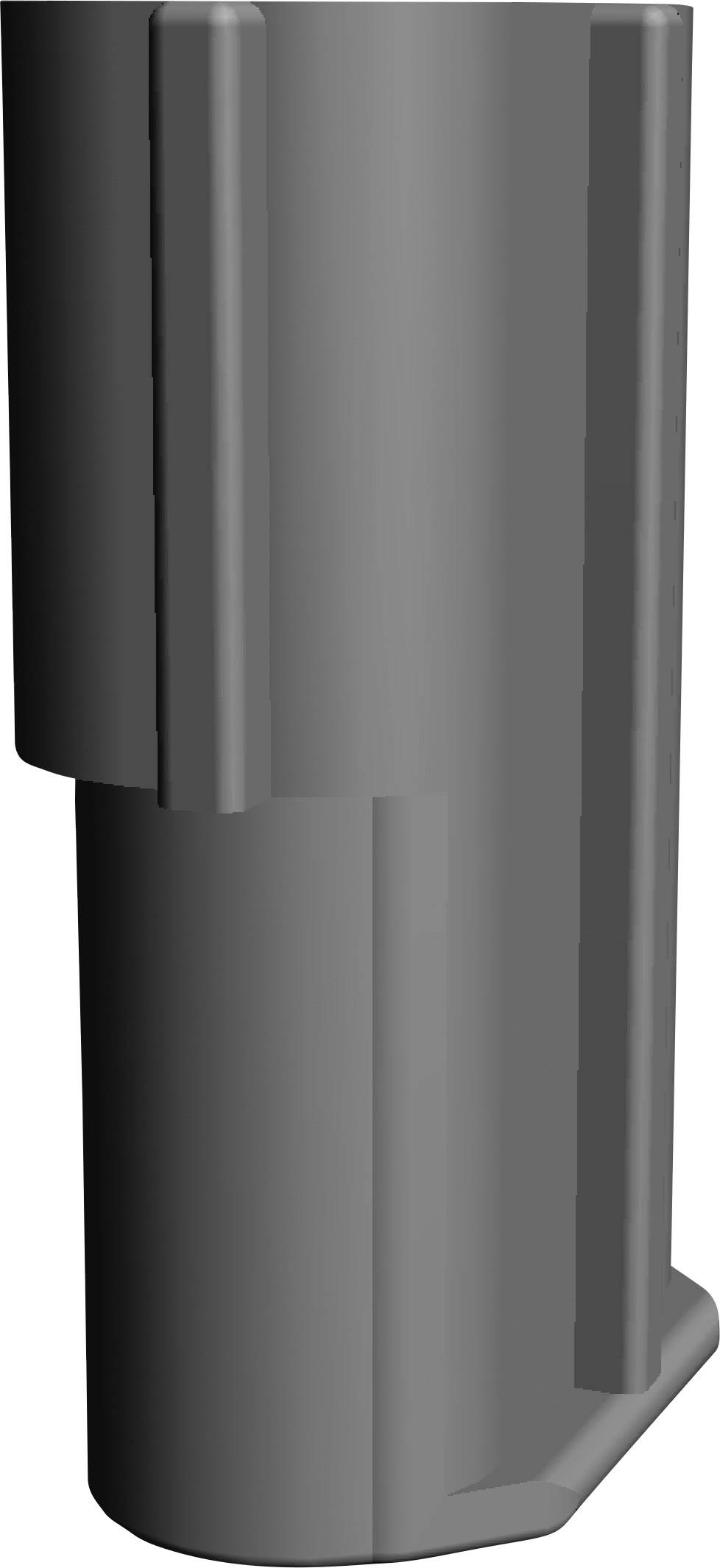 Grijze, cilindrische 3D-object dat eruitziet als een technisch onderdeel of een behuizingscomponent.