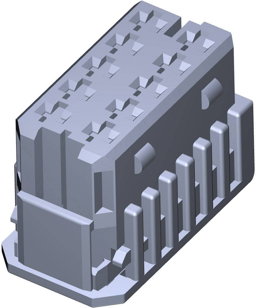 Een grijze, rechthoekige technische component met meerdere uitstekende pinnen en gestructureerde oppervlakken.