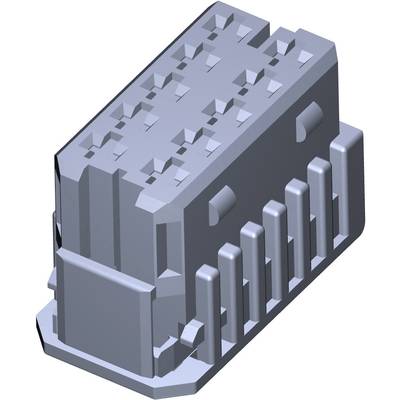 Een grijze, rechthoekige technische component met meerdere uitstekende pinnen en gestructureerde oppervlakken.
