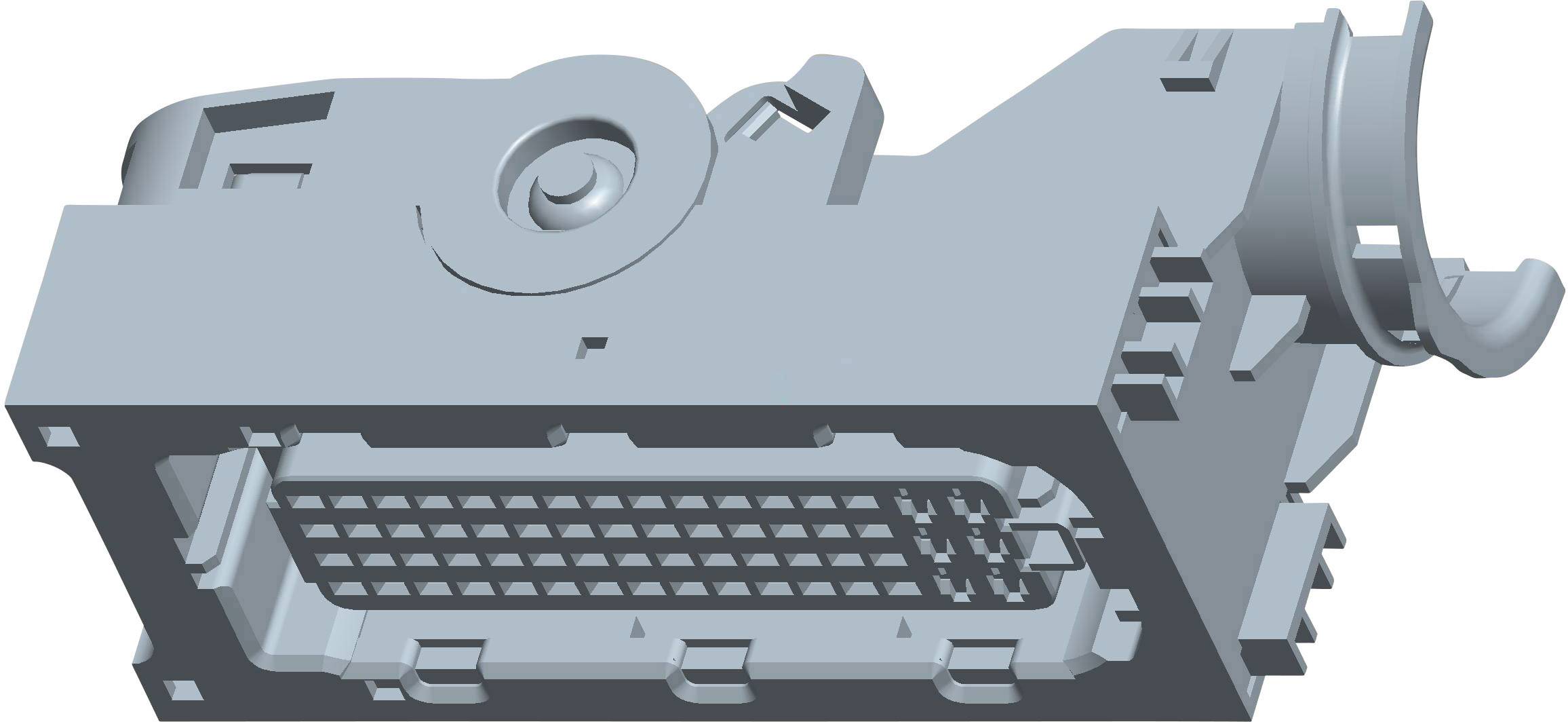 Een 3D-model van een elektronische connector die de vorm en structuur van de behuizing met talrijke aansluitplaatsen weergeeft.