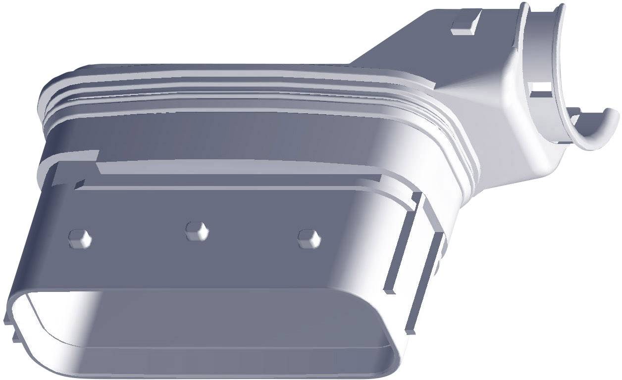 Een grijze, plastische connector met een rechthoekige vorm en meerdere kabelaansluitingen, gebruikt voor elektrische verbindingen.