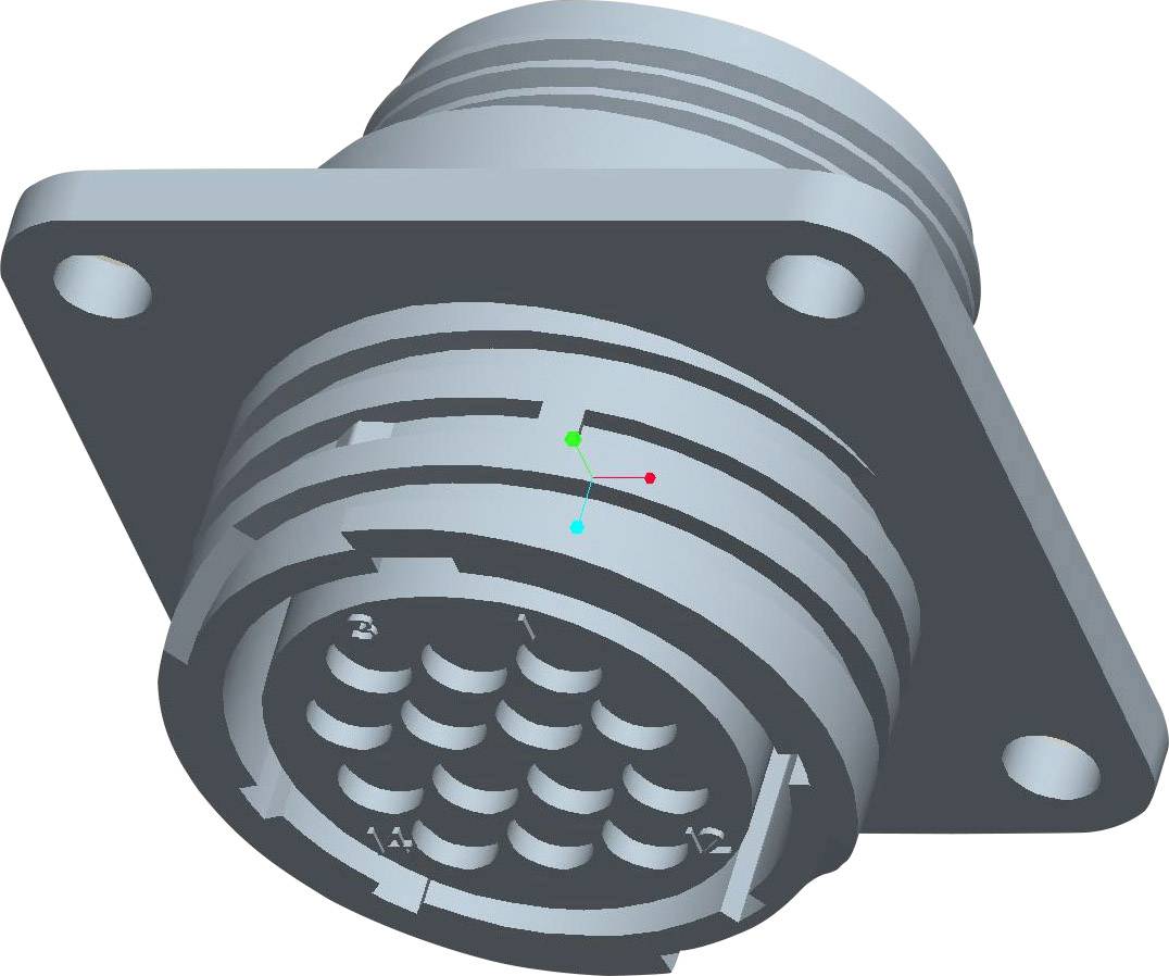 '3D-model van een ronde, multipolaire connector met een rechthoekige montageplaat en meerdere pinverbindingen.'