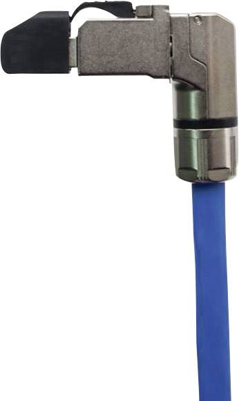 Connector van een blauw Ethernet-kabel met een metalen beschermmantel, zijdelings weergegeven.