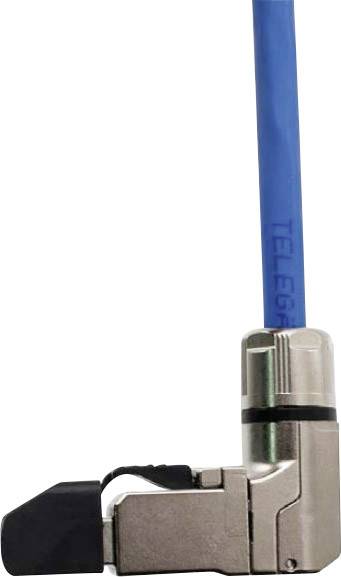 Een blauwe Ethernet-kabelstekker is aangesloten op een metalen aansluiting met een zwarte vergrendeling.